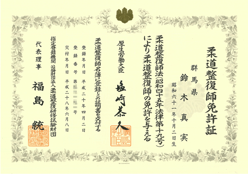 院長の国家資格証明書