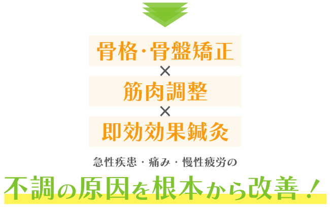 骨格・骨盤矯正と筋肉調整と鍼灸で、不調の原因を根本から改善!